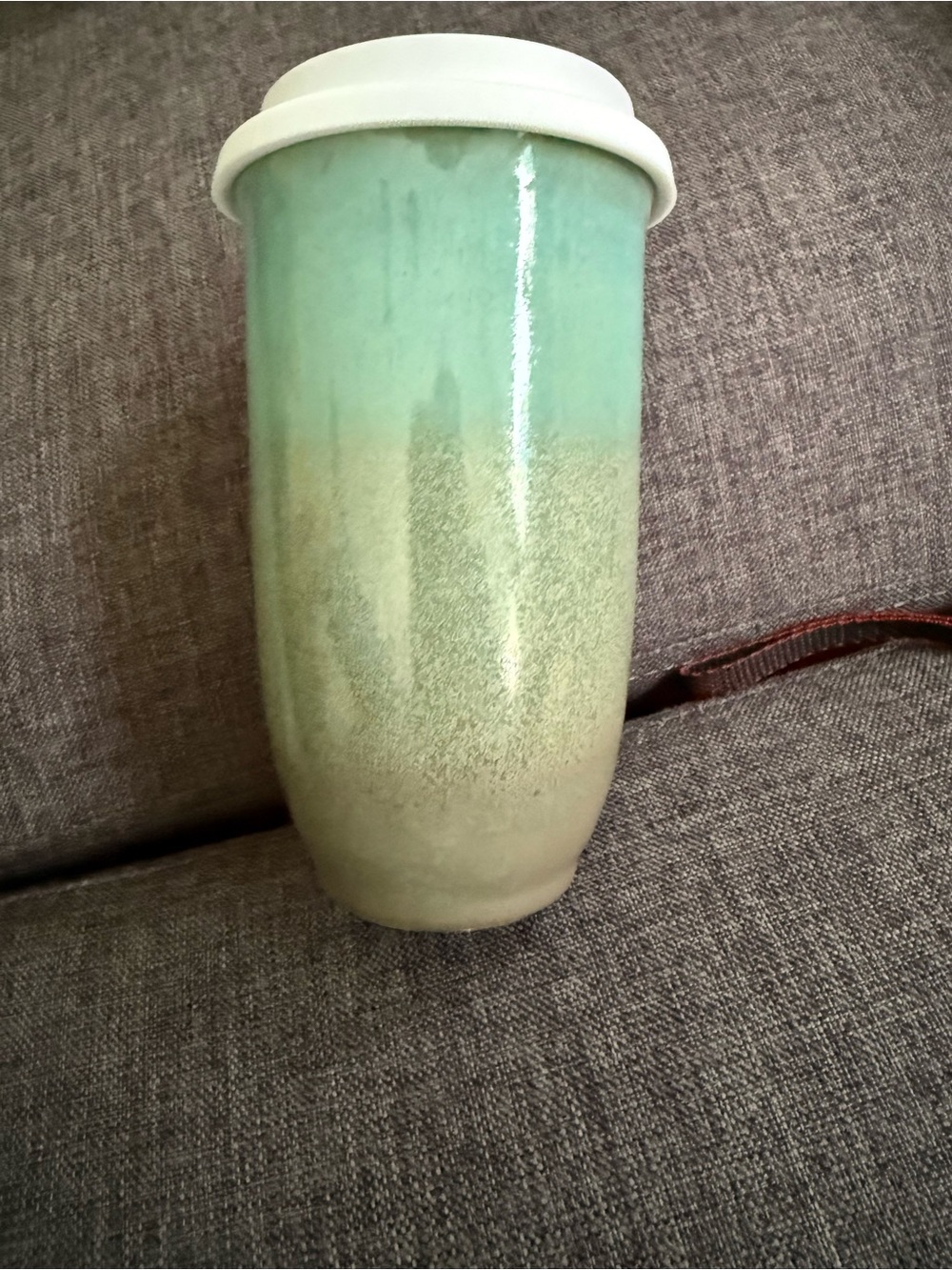 Nova Ceramics Travel Mug in Seafoam Green and Cream with White Lid 16 oz new